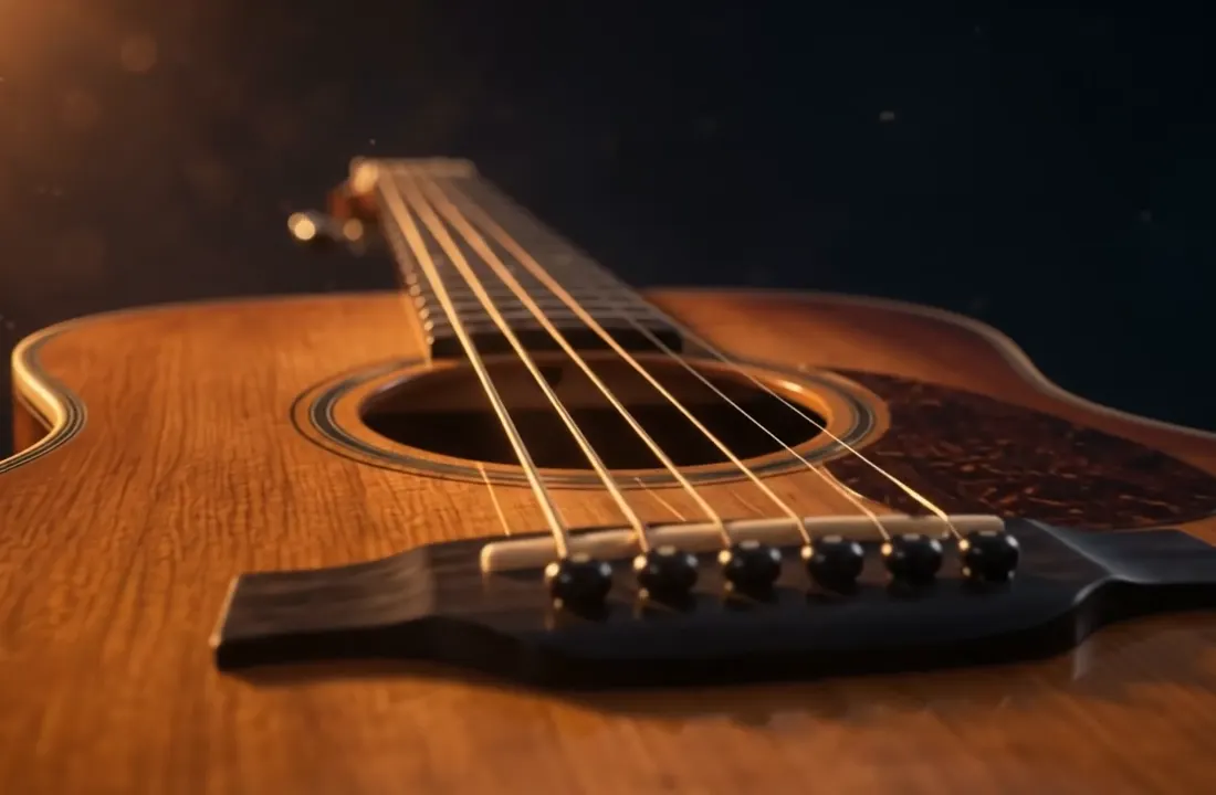 Detalhe da ponte e das cordas de um violão acústico