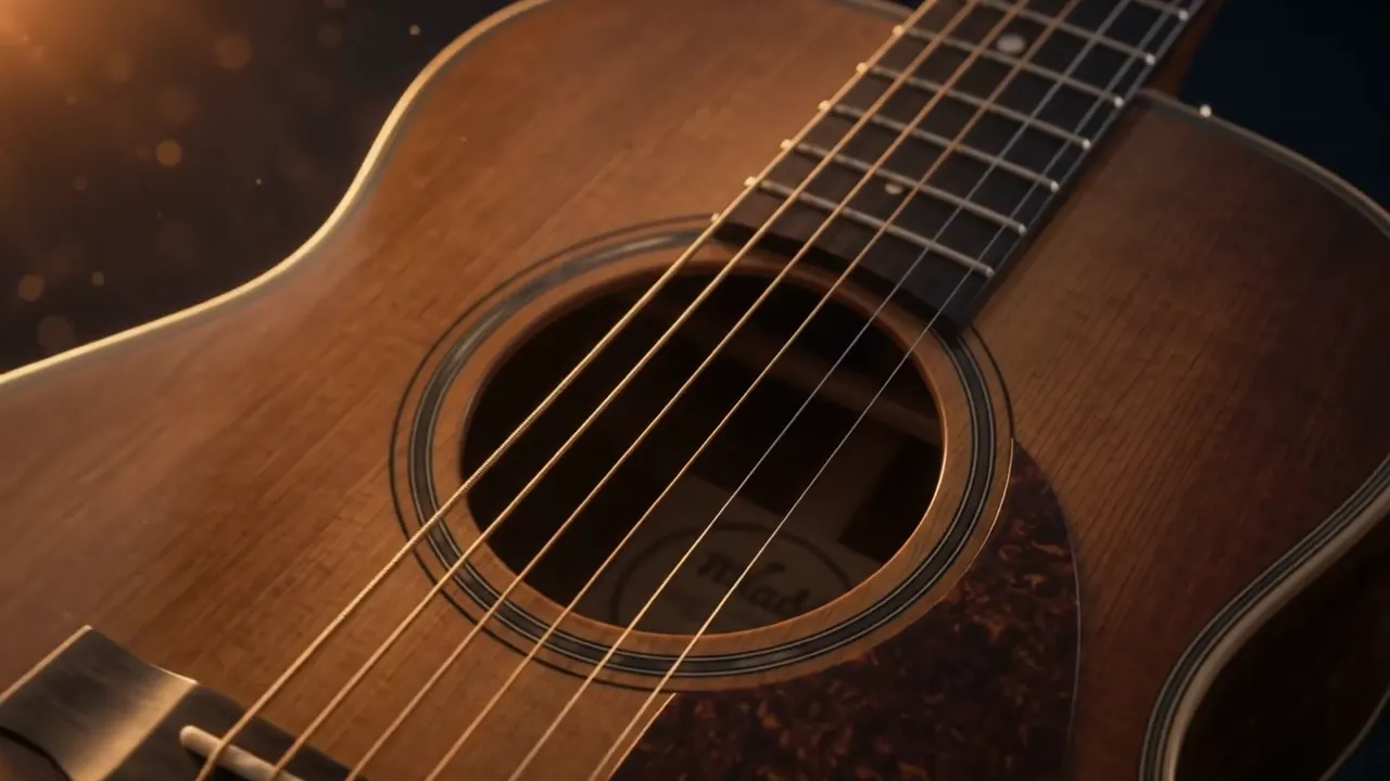 Boca e cordas de um violão acústico em luz baixa